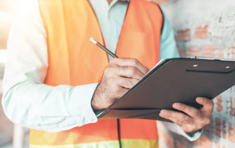 Construction worker in high vis gear filling in induction paperwork