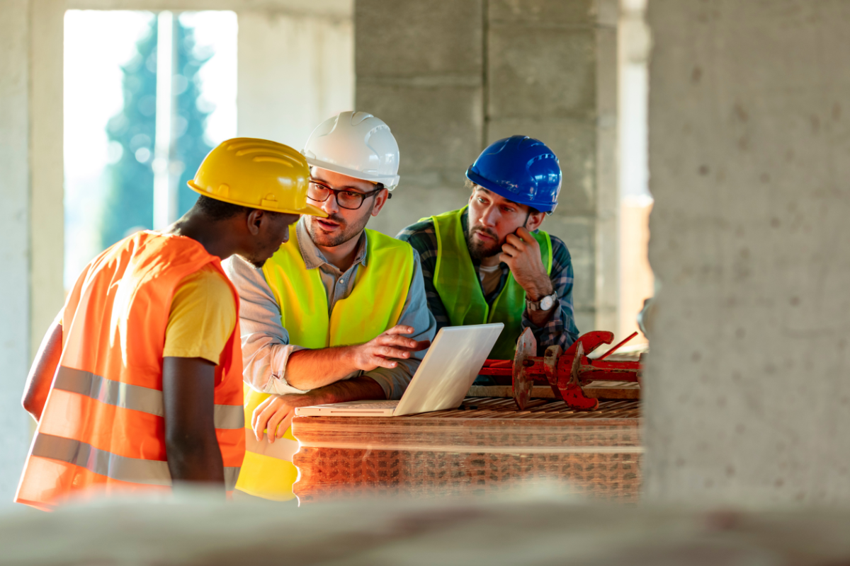 two tradies and a training provider on a construction site looking at training on a laptop