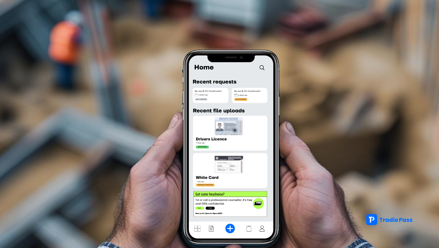 Tradie Pass app homescreen