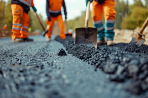 3 tradies standing on the road laying tarmac with a shovel