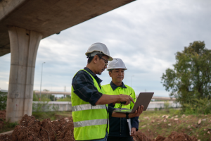 construction safety workers discussing compliance documents on a computer