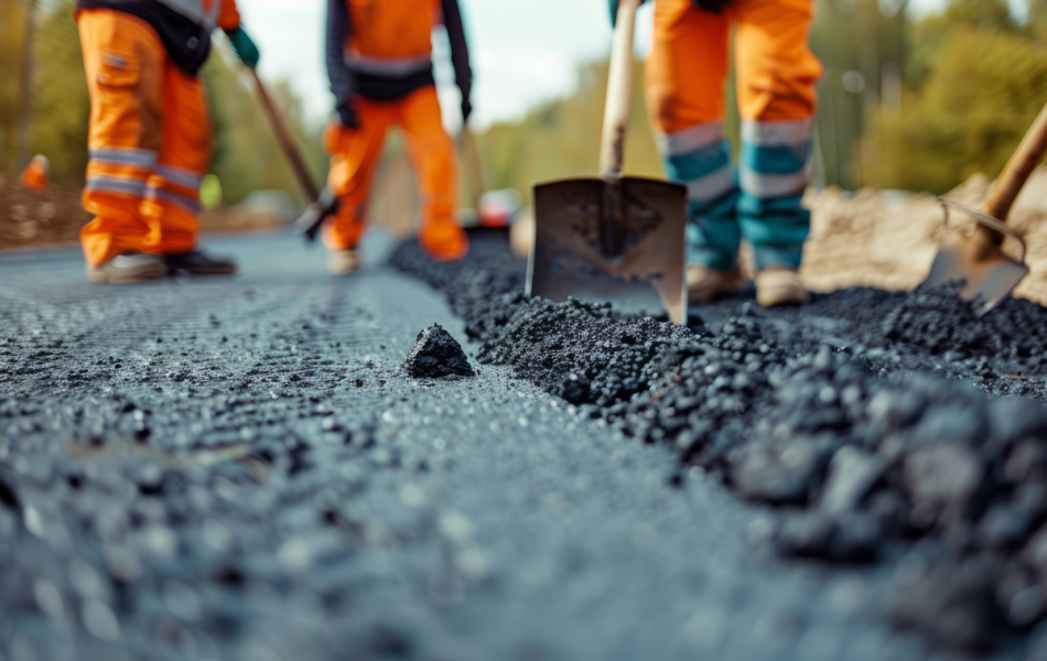 3 tradies standing on the road laying tarmac with a shovel