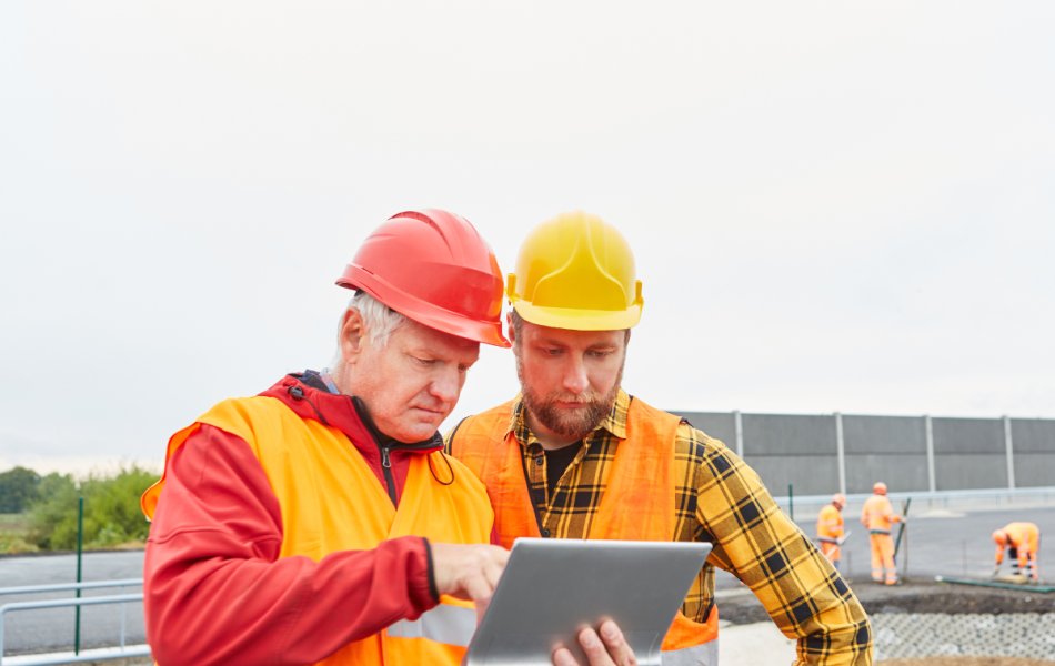 two construction workers digitally managing compliance tickets on a construction site