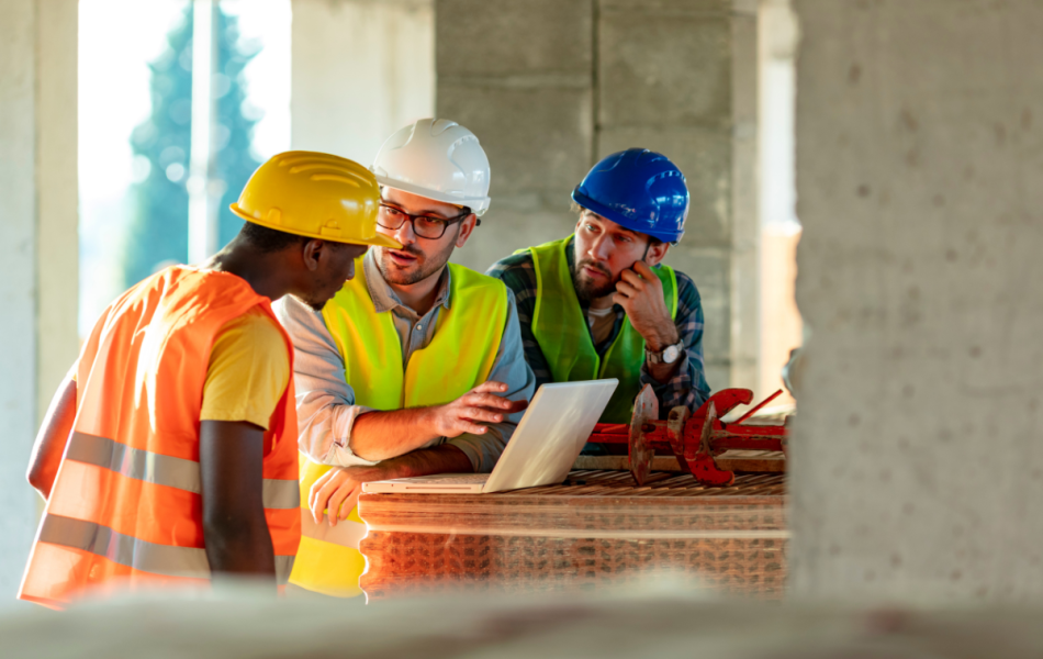two tradies and a training provider on a construction site looking at training on a laptop